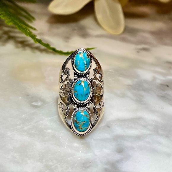 Vintage Handmade Genuine Turquoise Ring Solid 925 Sterling Silver Filigree Ring - Picture 11 of 15